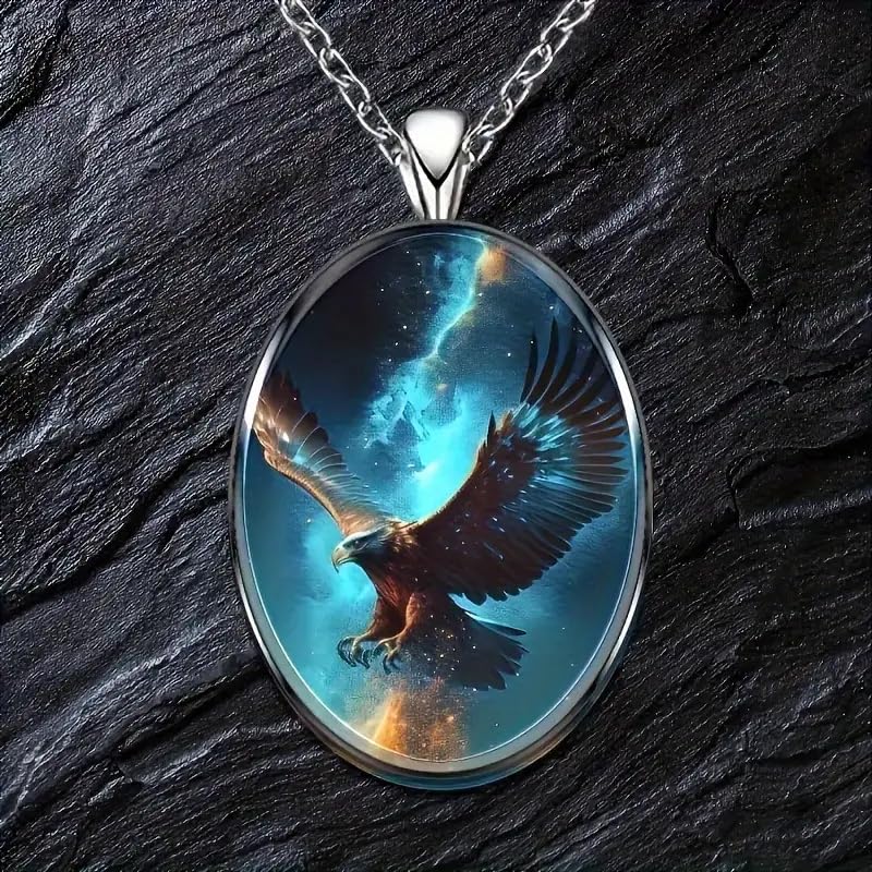 Galaxy Eagle Pendant Necklace, Oval Shaped with Night Sky/Solar System Design - Christmas, Holiday, or Birthday Gift