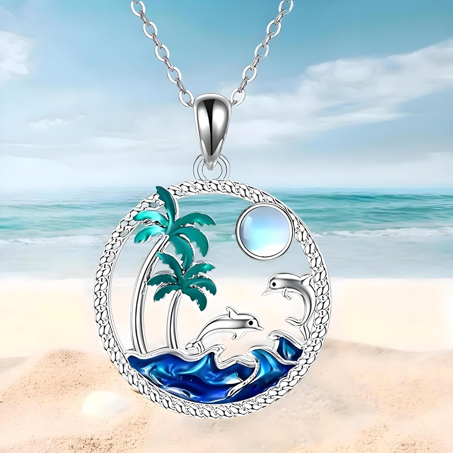 Tropical Beach Pendant Necklace, Sterling Silver Dolphin and Palm Tree Design, 19.7 Inch Chain
