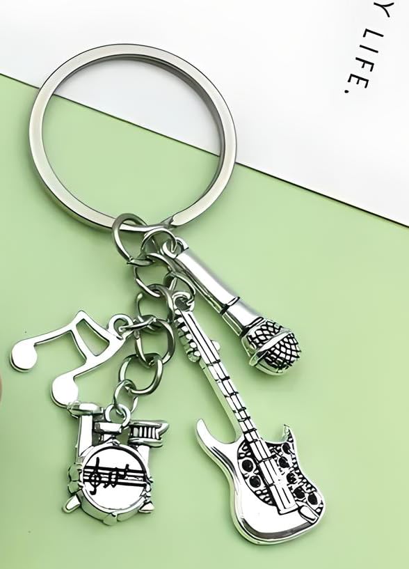 Musical Instrument Keychain with Guitar, Microphone, Drum Set and Music Note Charms
