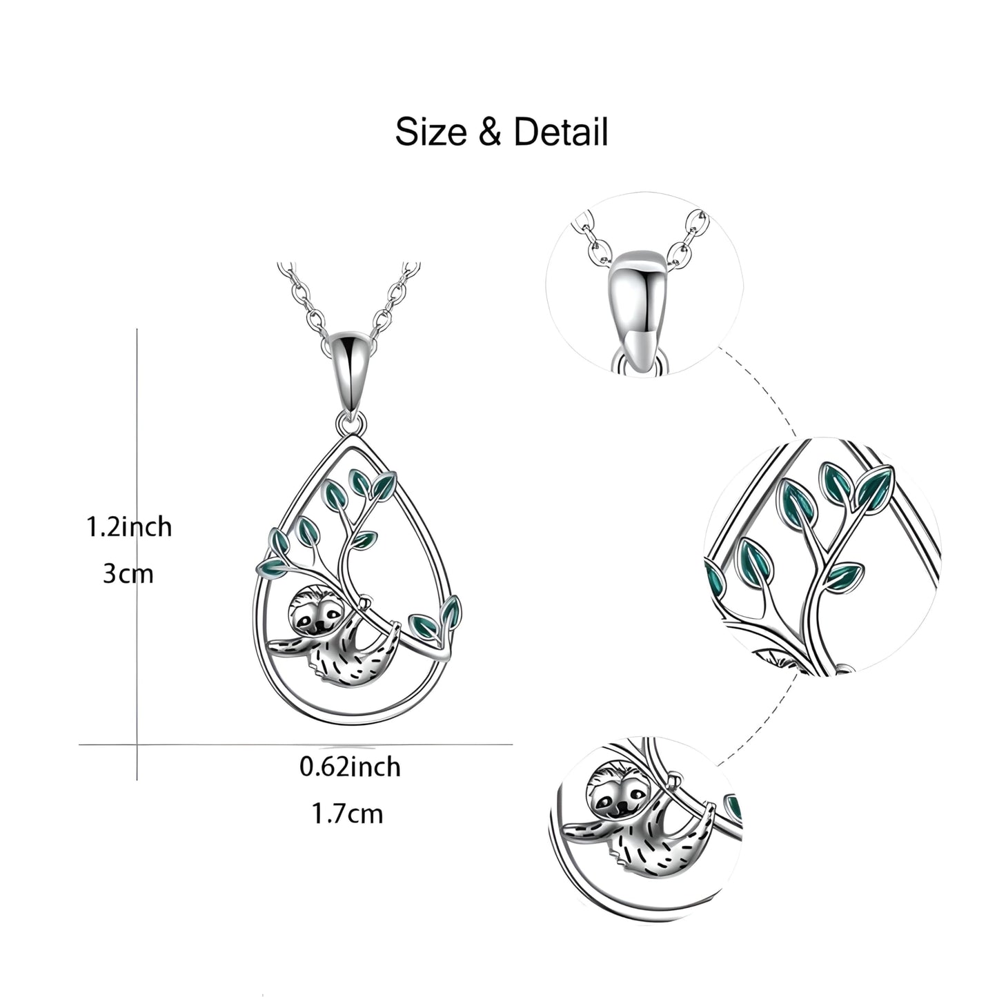 Sloth Jewelry Set, Sterling Silver Teardrop Pendant Necklace, Earrings, Bracelet and Keychain with Green Leaf Design