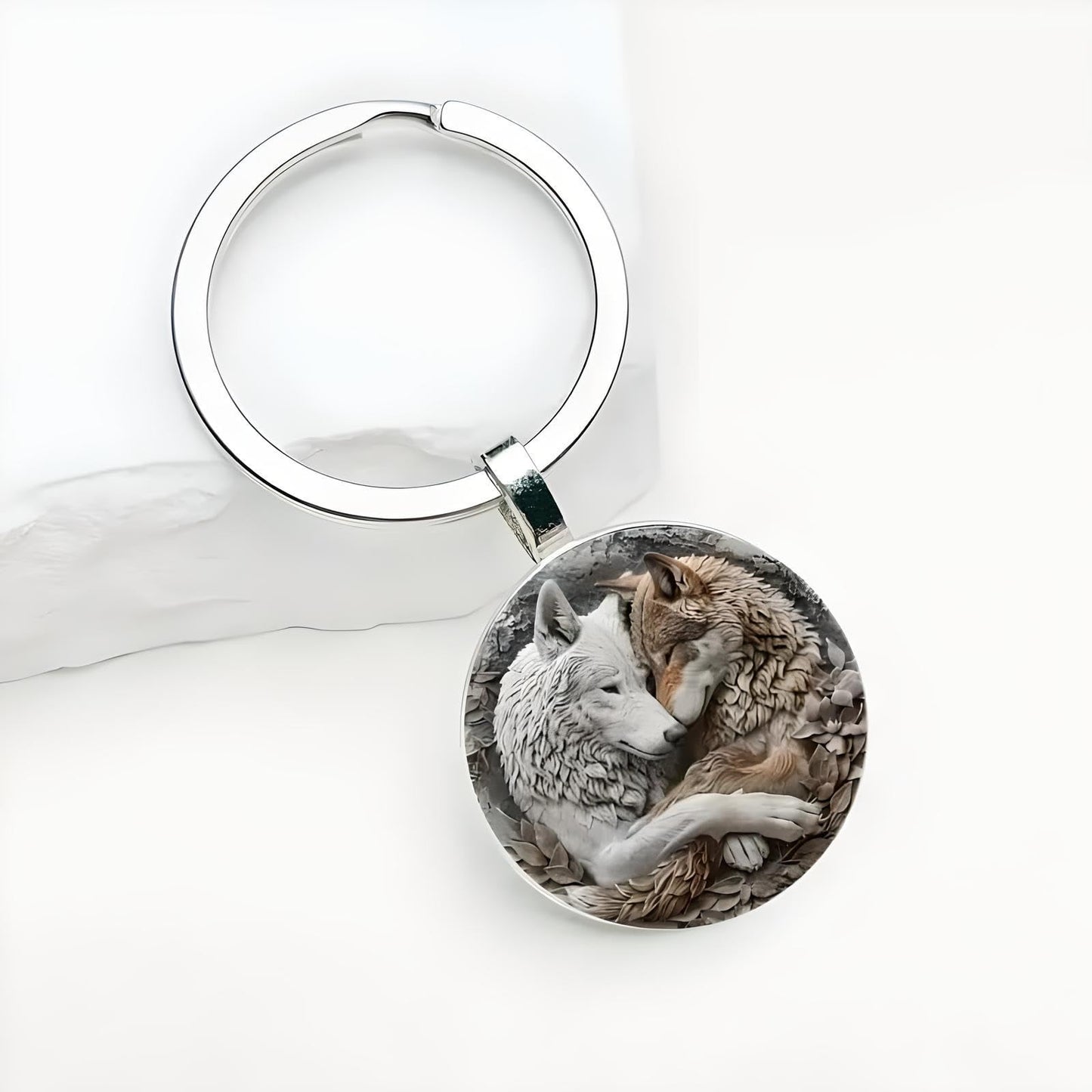 Mountain Sunset Stained Glass Art Keychain, Nature Scene Design, Round Pendant (Wolf Hug)