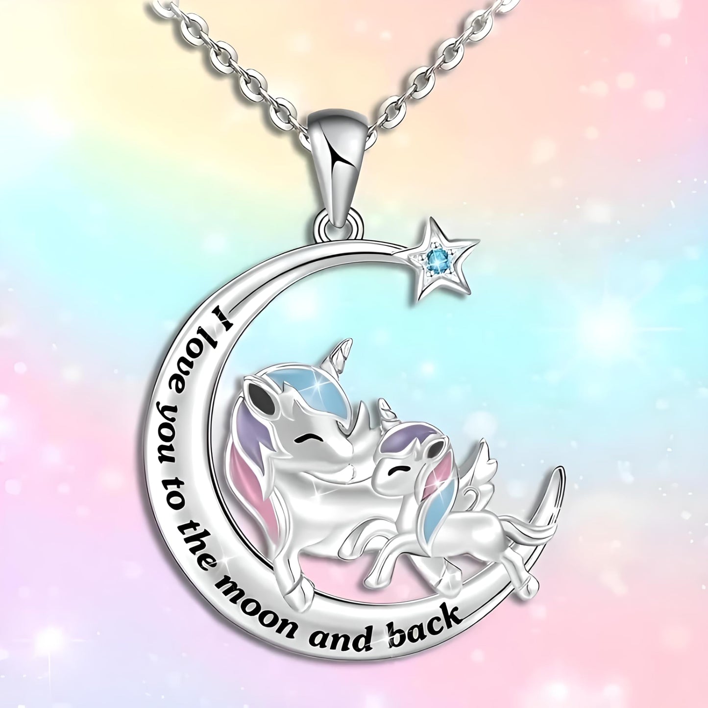 SUPAC I Love You to the Moon and Back Shooting Star Mother-Daughter Unicorn Pendant Necklace, Gift for Birthday or Christmas (Red or Blue Star)