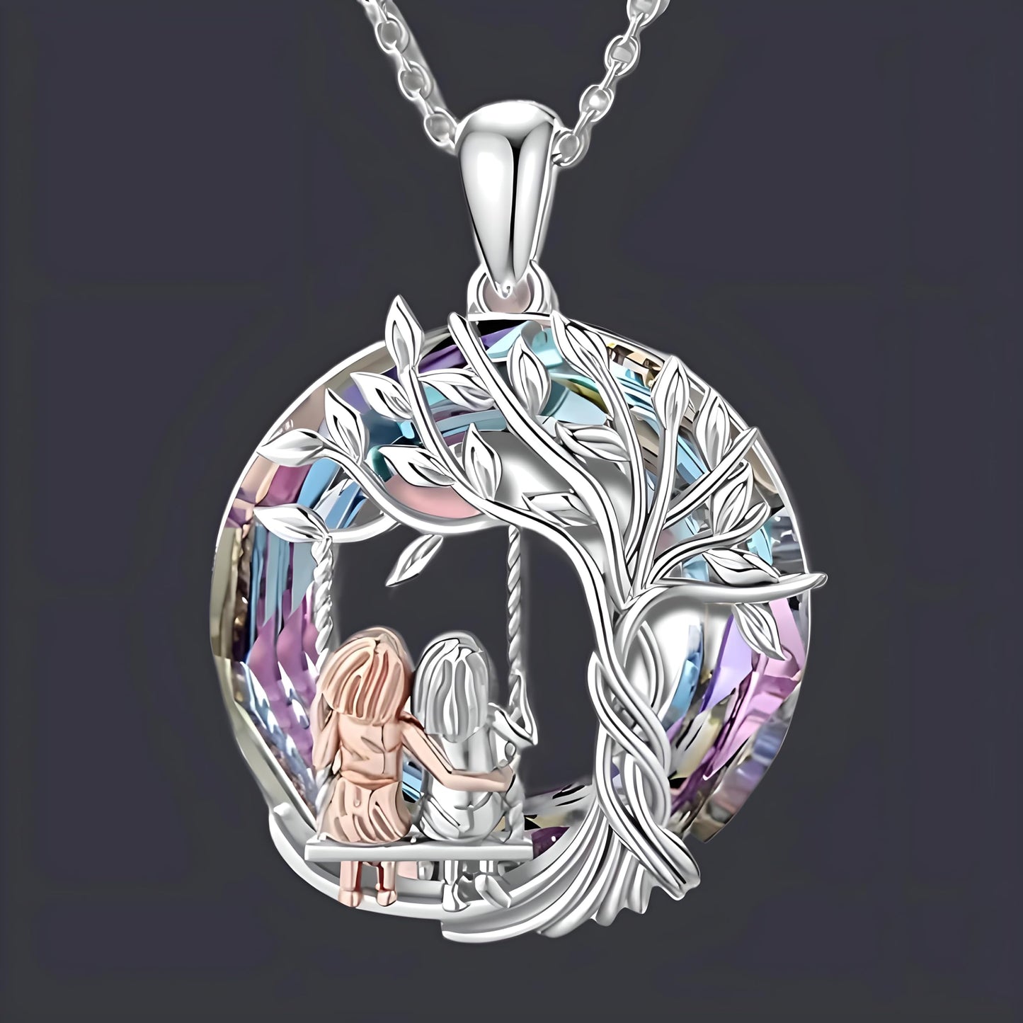 Tree of Life Swing, Sloth, Horse + Other Styles Pendant Necklace, Silver Chain, Crystal Rainbow Background - Gift for Friends