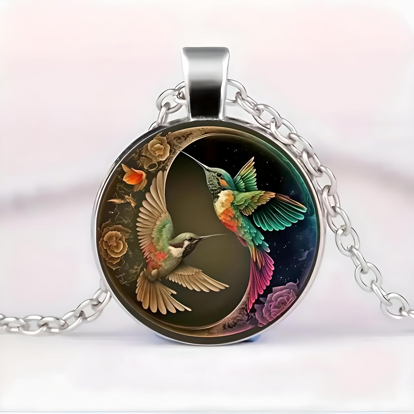 SUPAC Stunning Hummingbird Pendant Necklace - Two Humming Birds Searching for Flower - Fashionable Alloy Jewelry with Delicate Details - Birthday, Party, Gift Idea for Her
