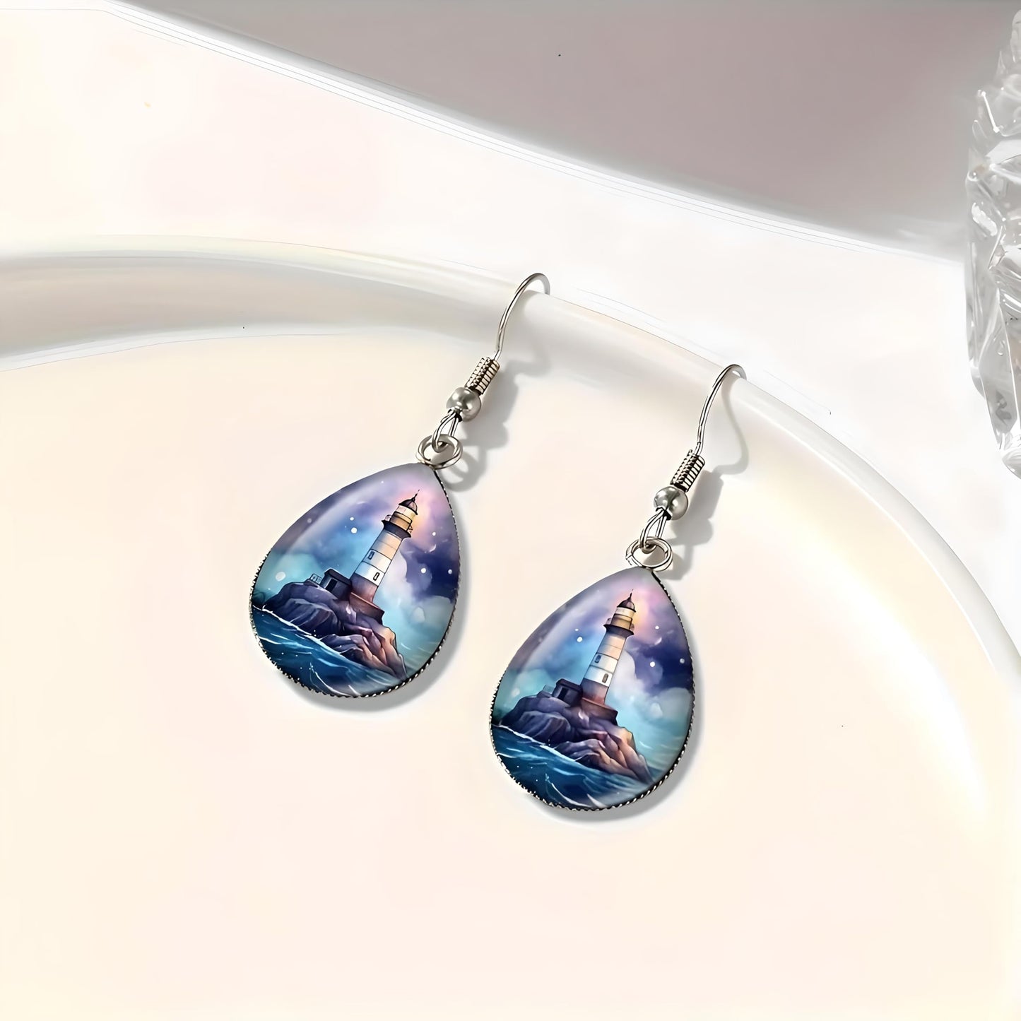 Teardrop Lighthouse Dangle Earrings, Nautical Design, 1.77 inch Length, Silver