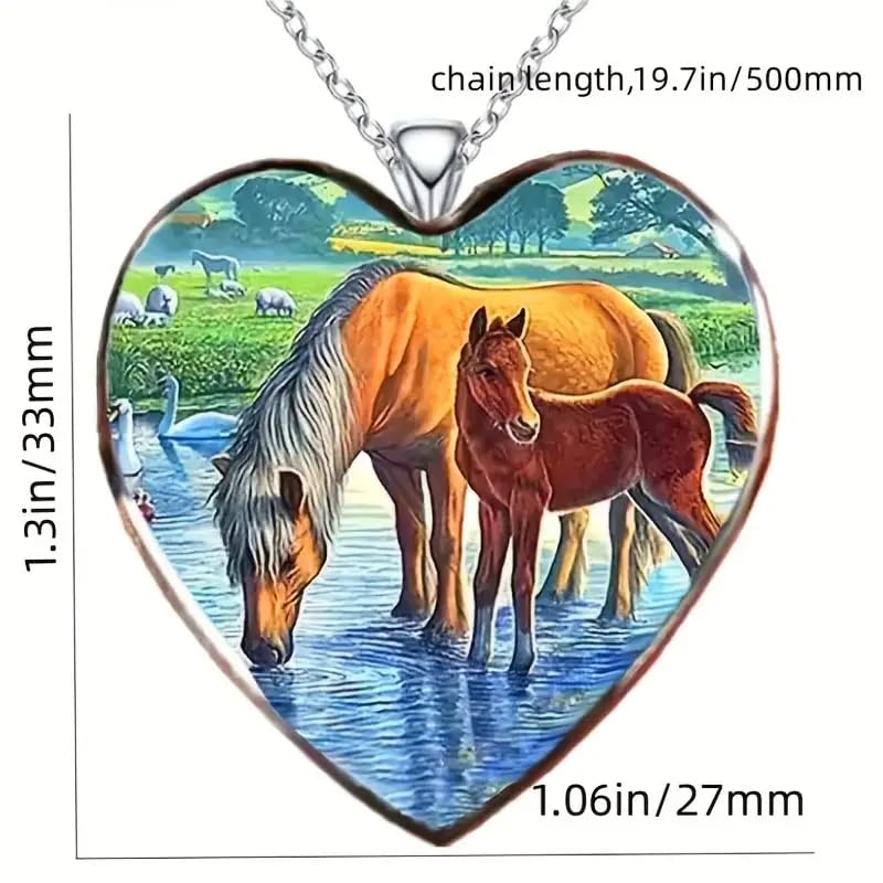 Heart-Shaped Horse Drinking Water with Beautiful Country Landscape Necklace, Sterling Silver Chain - Holiday, Christmas, or Birthday Gift