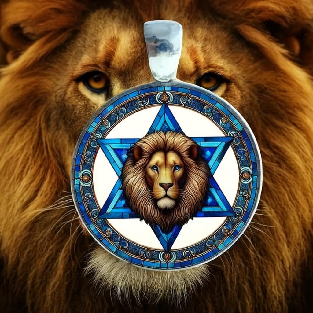 SUPAC Star of David Lion Keychain, Religious Judaica Design, Blue and Gold Medallion with Ornate Border, 1.18 inch Ring, 0.98 inch Pendant