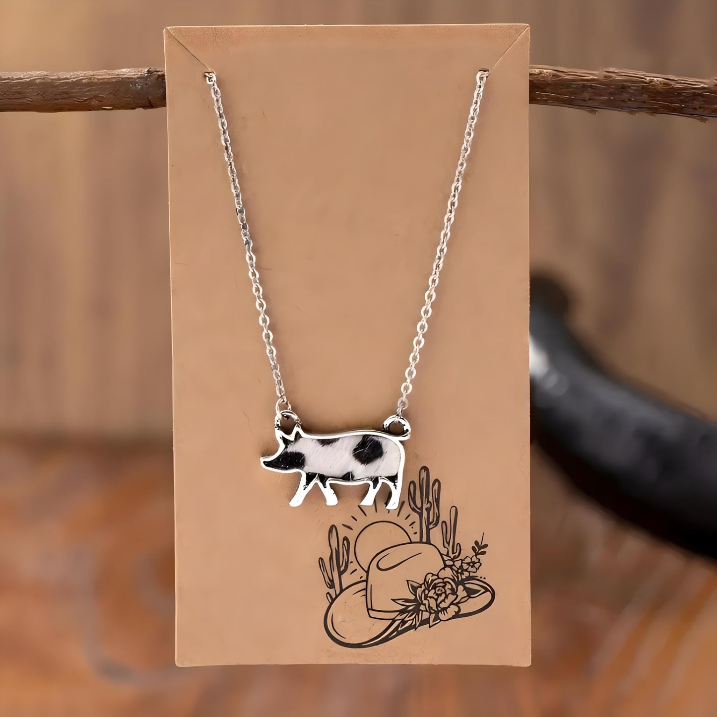 Western Farm Animal Pendant Necklace, Cow, Horse, Goat, and Pig Hide - Silver Chain, 15.35 inch + 1.97 inch Extension