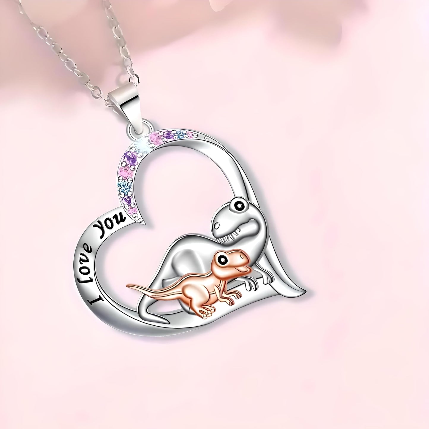 SUPAC Cute Cartoon Dinosaur Heart Pendant Necklace with Rhinestone Accents I Love You, Fashion Jewelry for Daily and Party Wear, Birthday and Christmas Gift