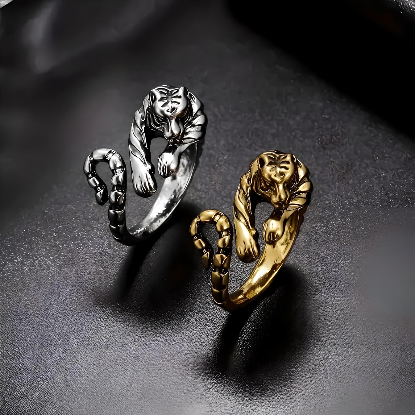 Zodiac Tiger Adjustable Ring, Stainless Steel, Unique Design Exquisite Men's Accessory Jewlery - Gold and Silver Colors, Christmas, Birthday or Party Gift