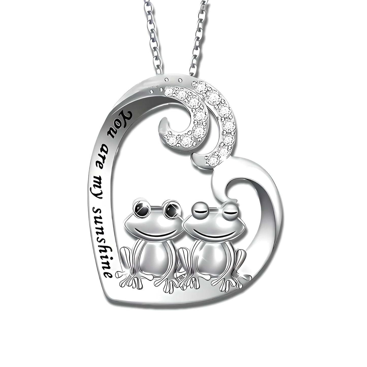 Cute Frog Couple Heart Pendant Necklace, Sterling Silver Chain 19.7 inch, Crystal Accent - Engraved 'You are my sunshine'