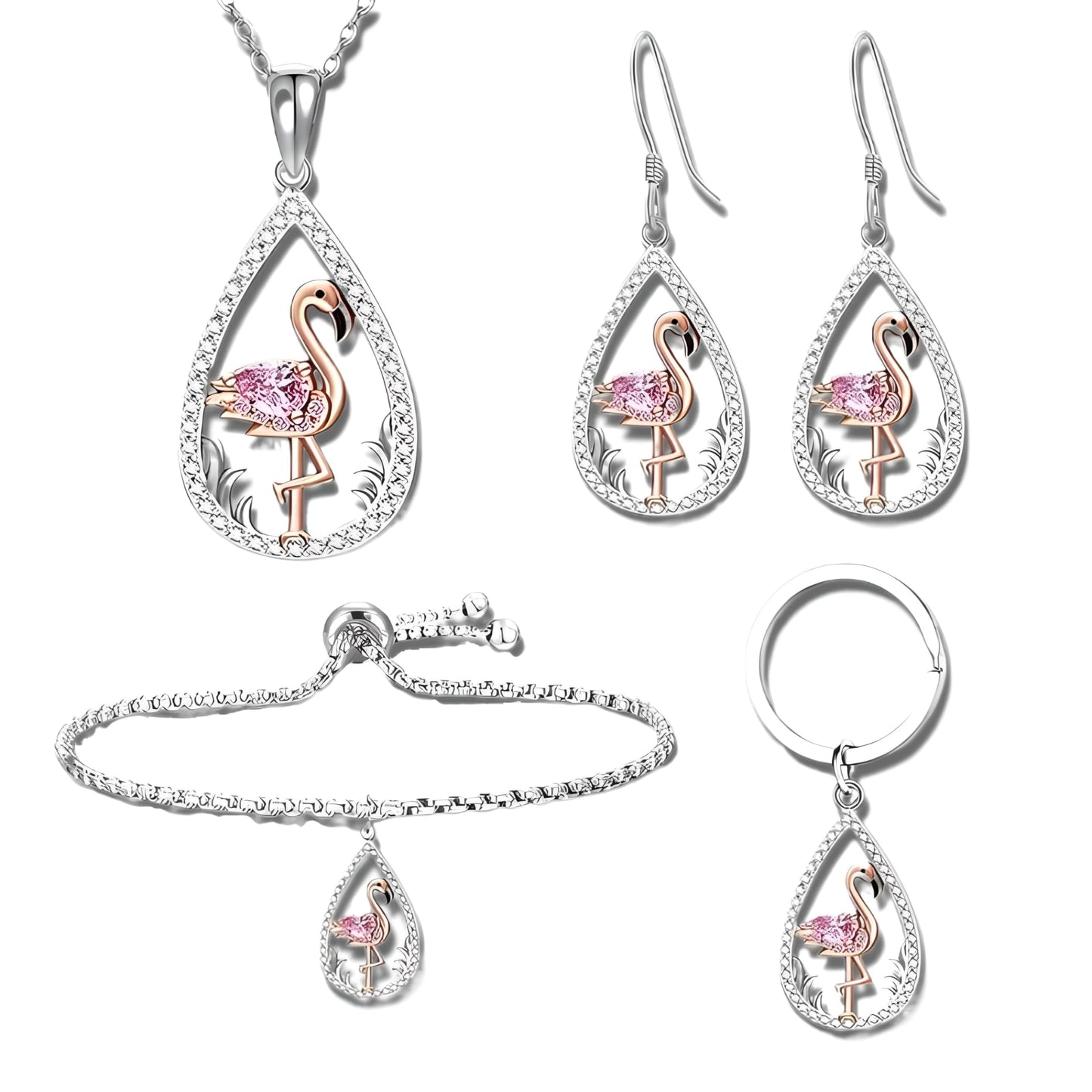 Flamingo Jewelry Set with Pink Crystal, 4-Piece Silver Teardrop Design, Necklace Bracelet Earrings Ring