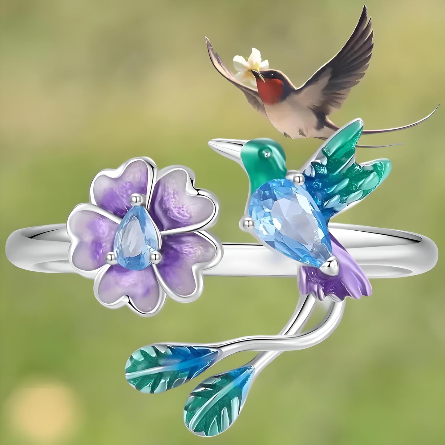Sterling Silver Hummingbird Ring with Enamel Flowers, Adjustable, Turquoise and Purple