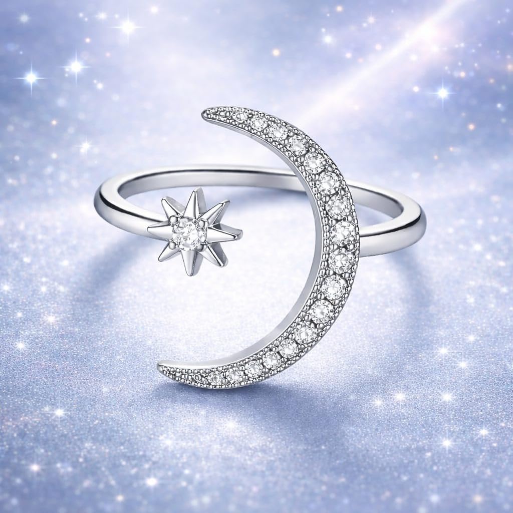 SUPAC 1pc Chic Moon & Sun Cuff Ring - Shimmering Rhinestone Crescent Design - Delicate Daily Wear & Party Accessory for Fashion-Forward Style - Christmas, Birthday Gift