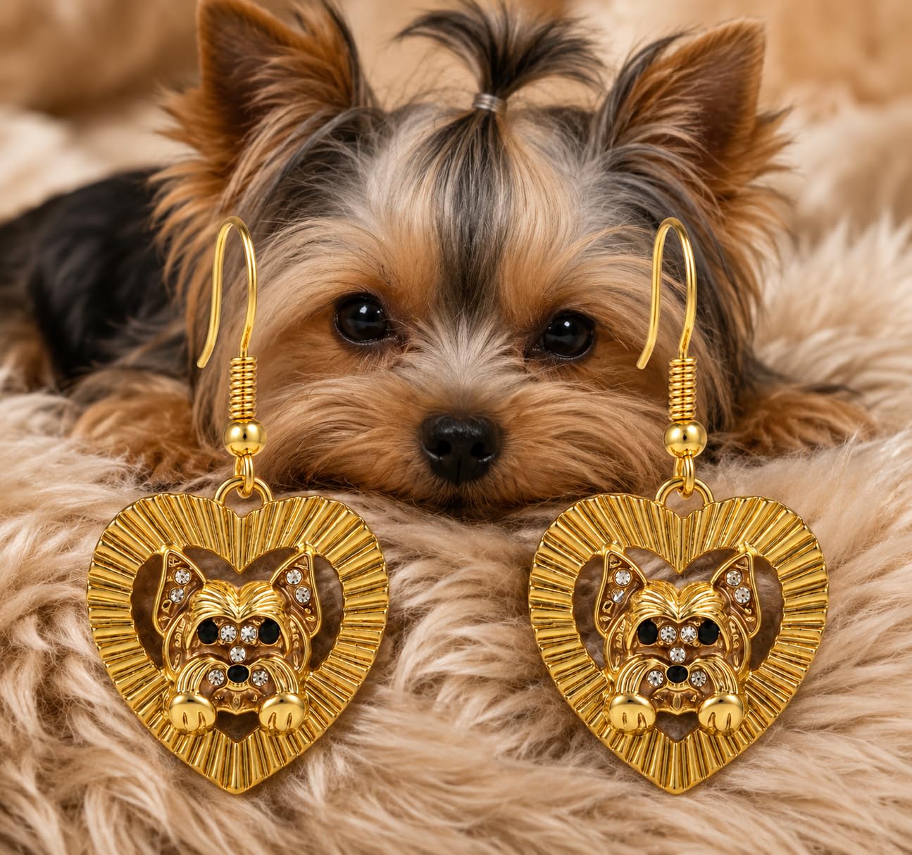 Yorkie Heart Drop Earrings, Gold, Stainless Steel, Crystal Accent, 0.94 x 0.94 in, Dog Lover Jewelry