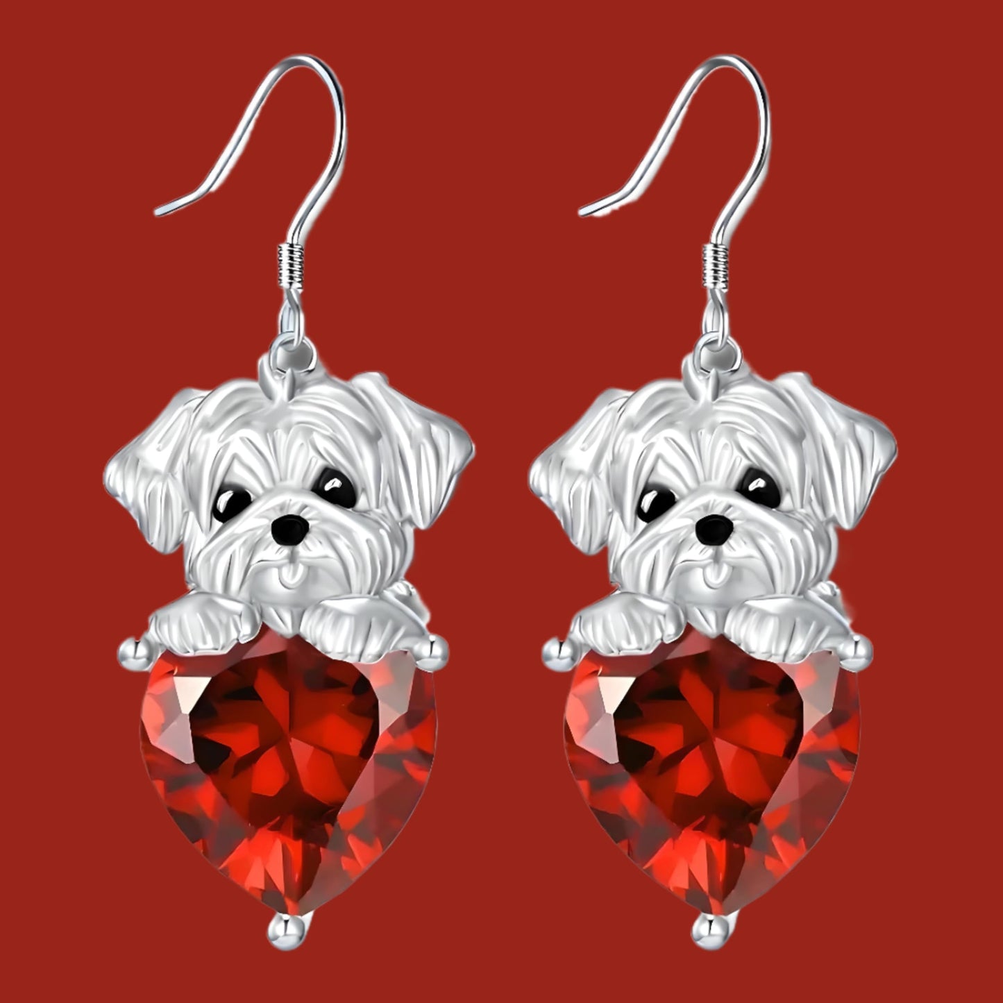 Decorative Dog Dangle Earrings, Blue Crystal Heart, Silver Shih Tzu Design