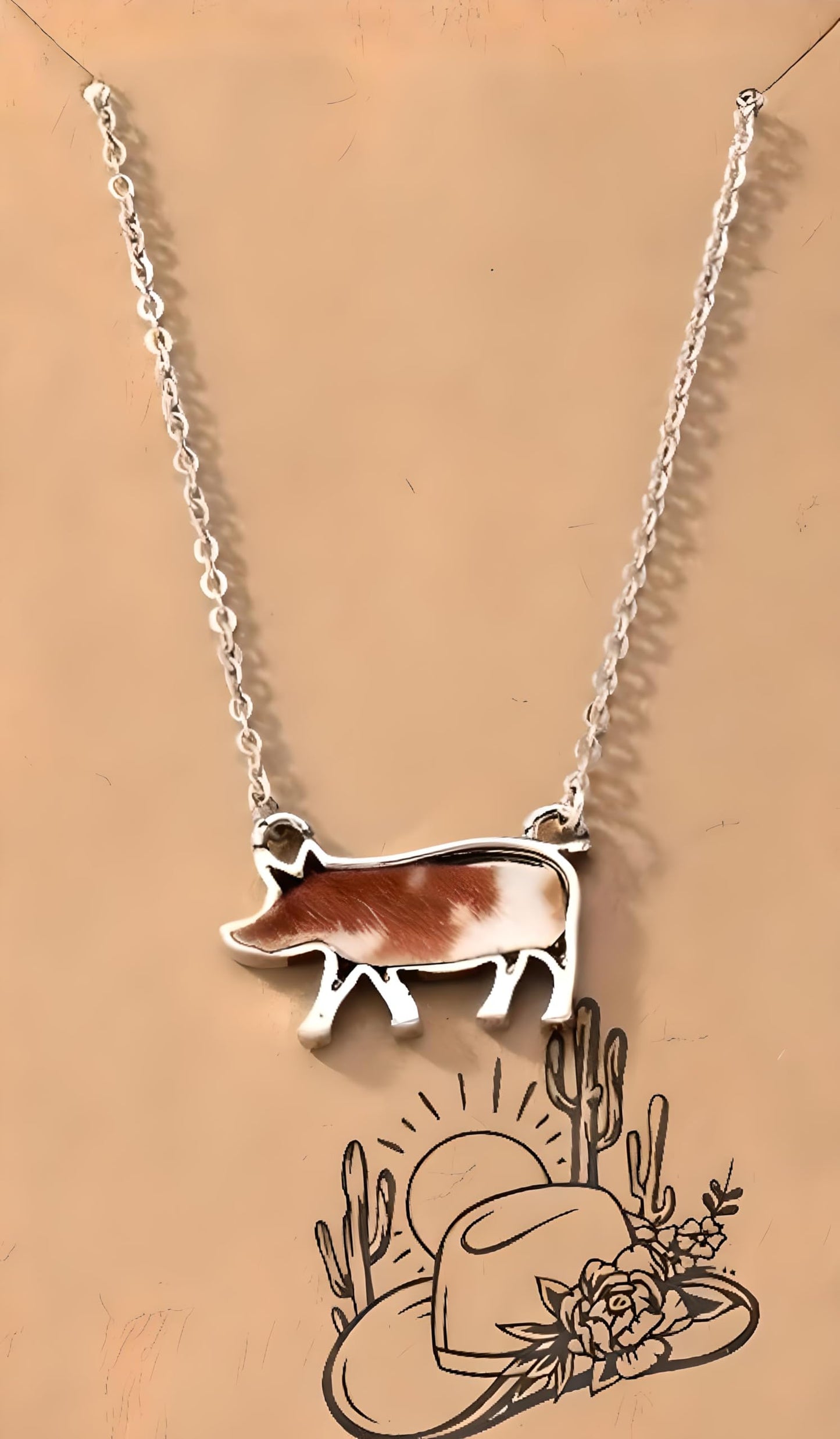 Western Farm Animal Pendant Necklace, Cow, Horse, Goat, and Pig Hide - Silver Chain, 15.35 inch + 1.97 inch Extension
