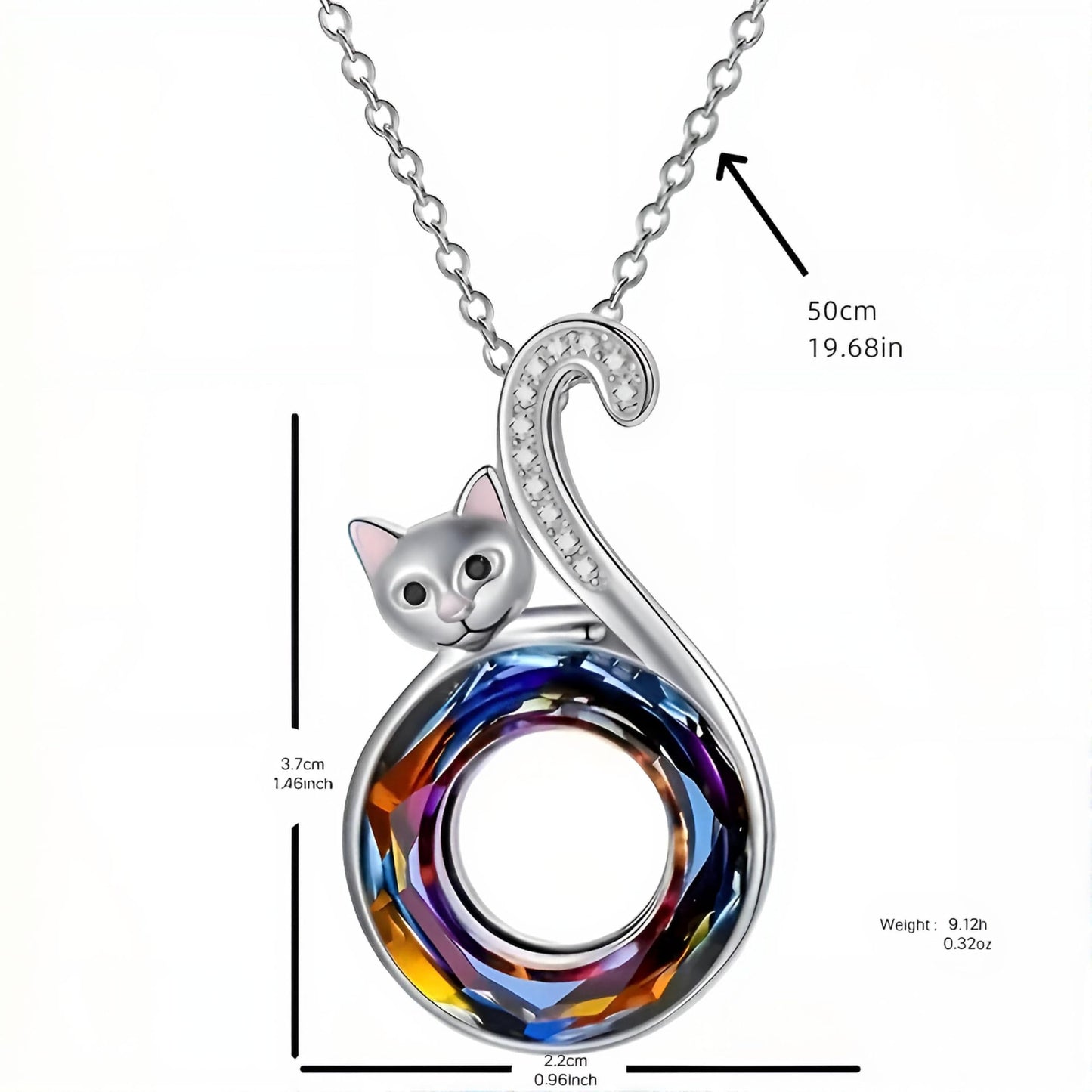 Stainless Steel Cat Circle Necklace, Crystal Design - Cat Jewelry Gift