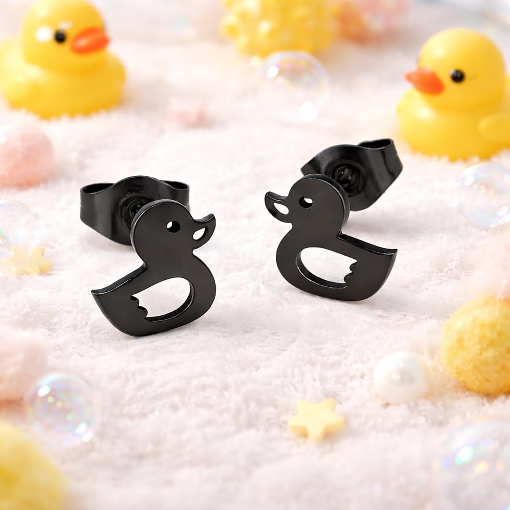 Cute Duck Stud Earrings, Gold Plated, Small Size - Gold, Silver, Black Options - Gift For Duck Lovers'