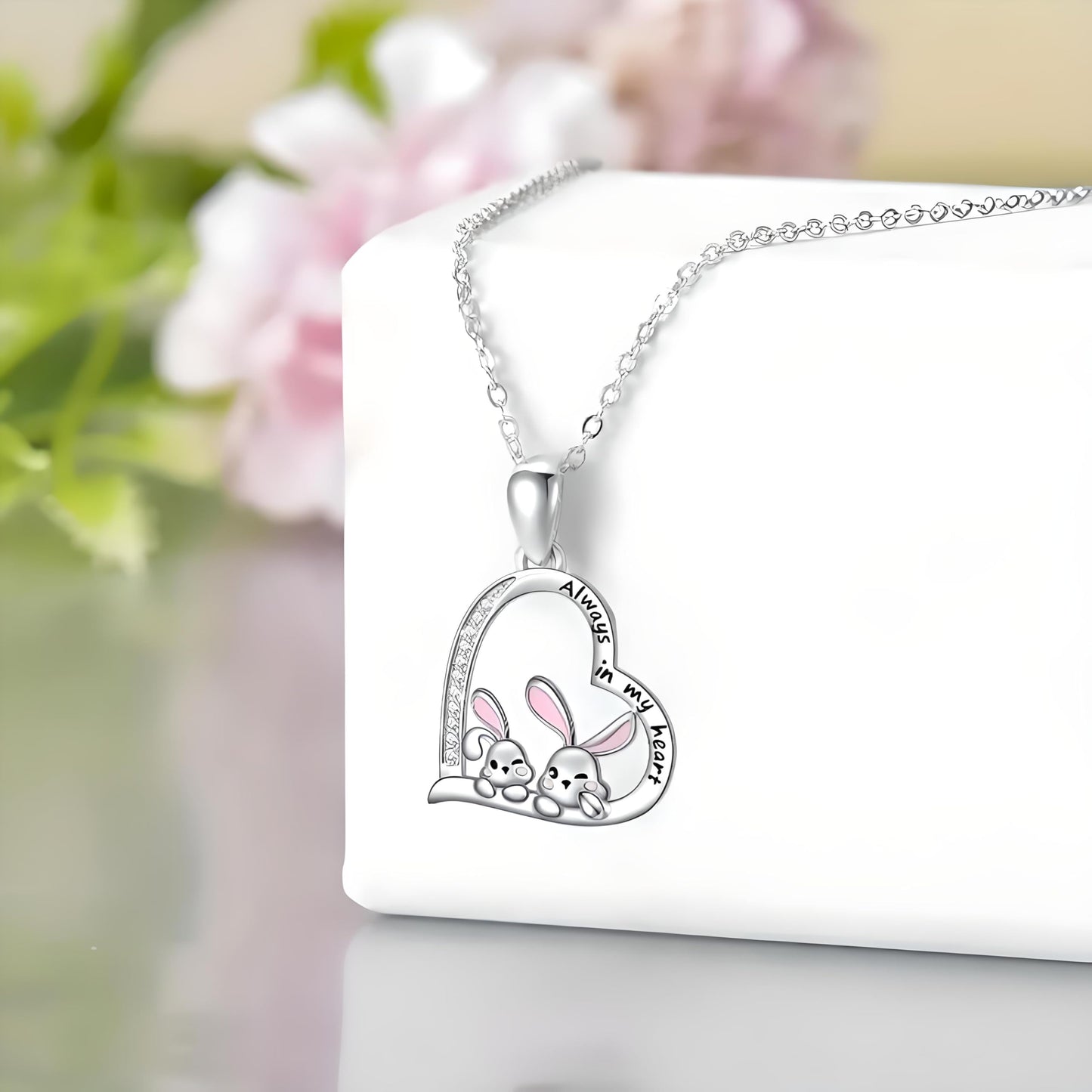 SUPAC Pair of Bunnies & Heart Pendant Necklace Always in My Heart - White Golden Plated Alloy with Resin Accents, Birthday or Friendship Gift, 2+ Options