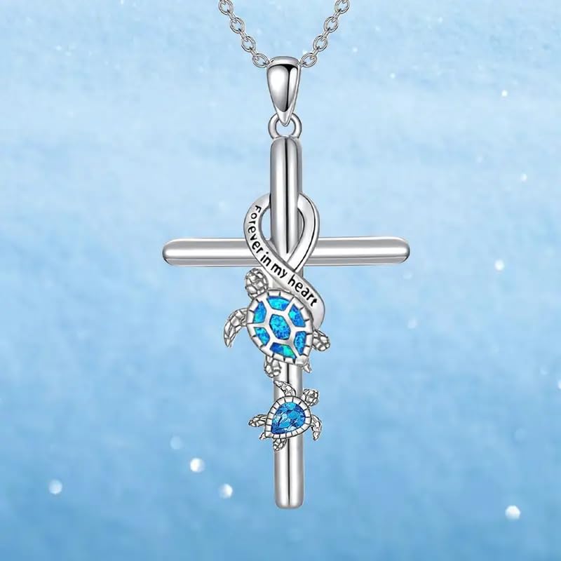Torquise Sea Turtles Cross Pendant Necklace, Gift for Special Occasions, Stainless Silver- "Forever in my heart"
