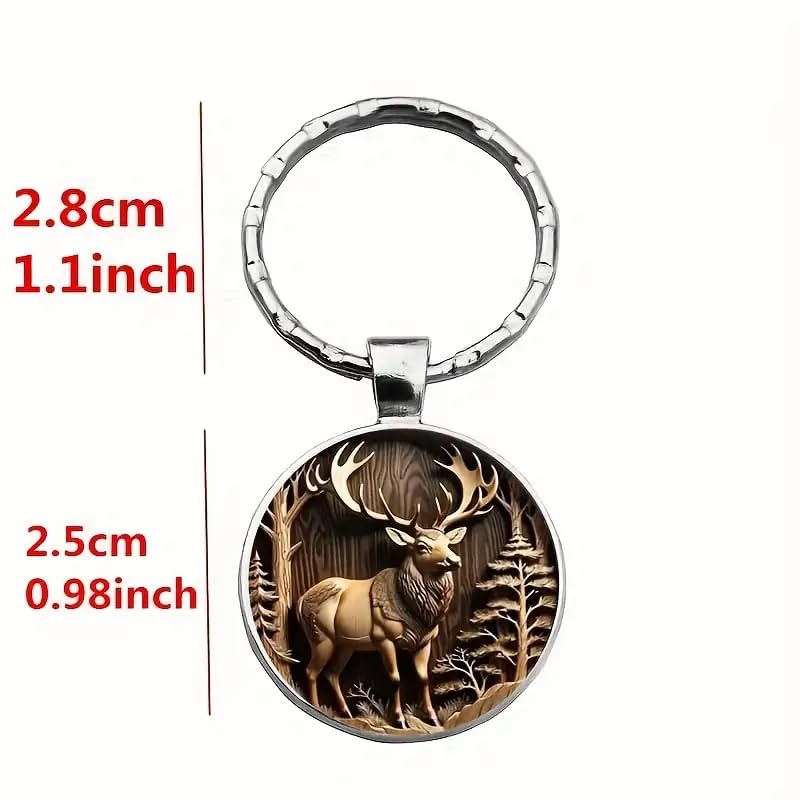 Mountain Sunset Stained Glass Art Keychain, Nature Scene Design, Round Pendant (Vintage Elk)
