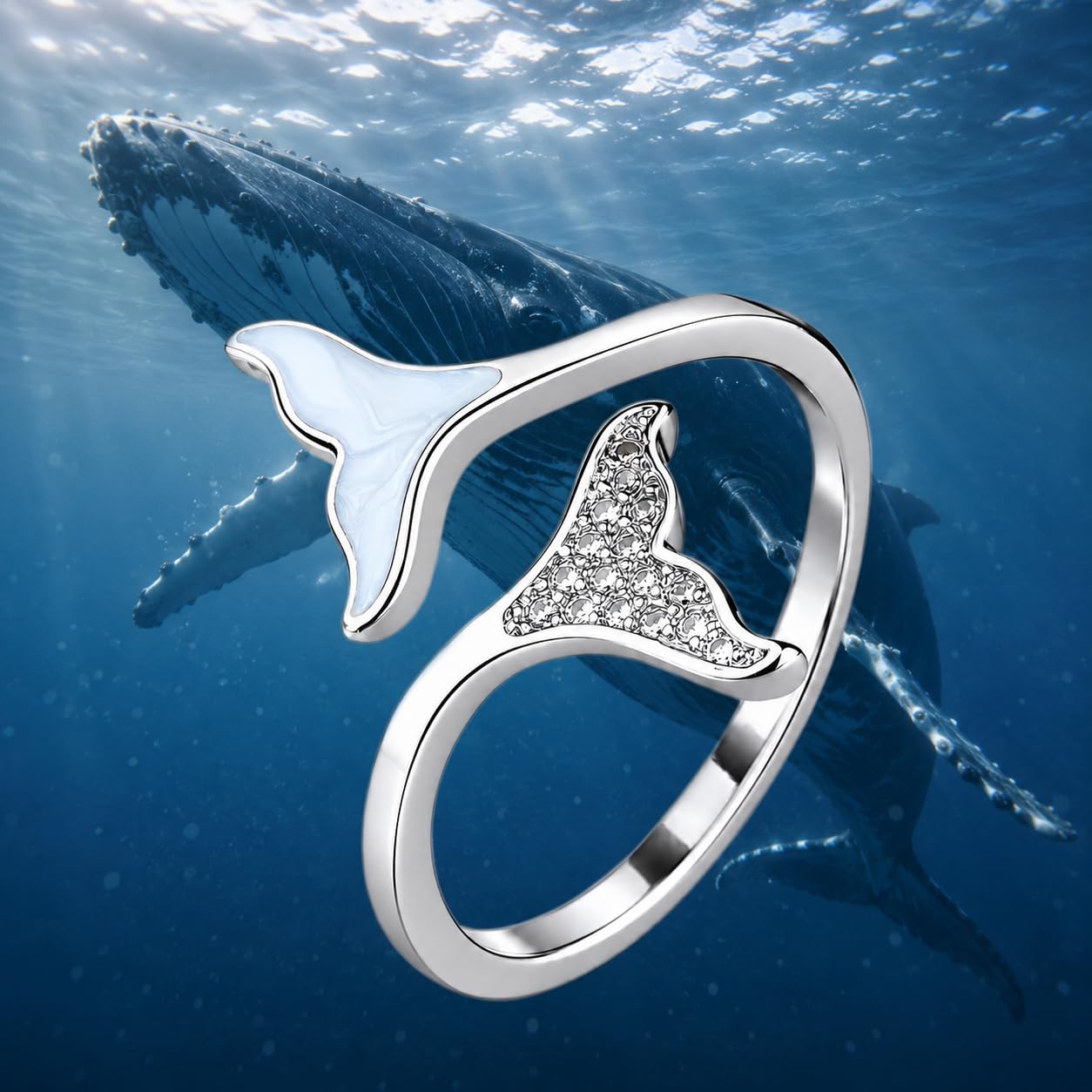 SUPAC Sterling Silver Whale Tail Ring with Crystal Accents, Adjustable Open Design - Gift for Whale Lovers