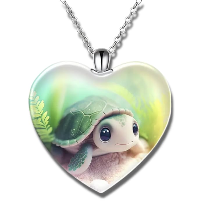 SUPAC Cute Underwater Turtle Glass Heart Pendant Necklace, 'I Love You Today, Tomorrow, Always' Engraved - Holiday, Christmas, or Birthday Gift