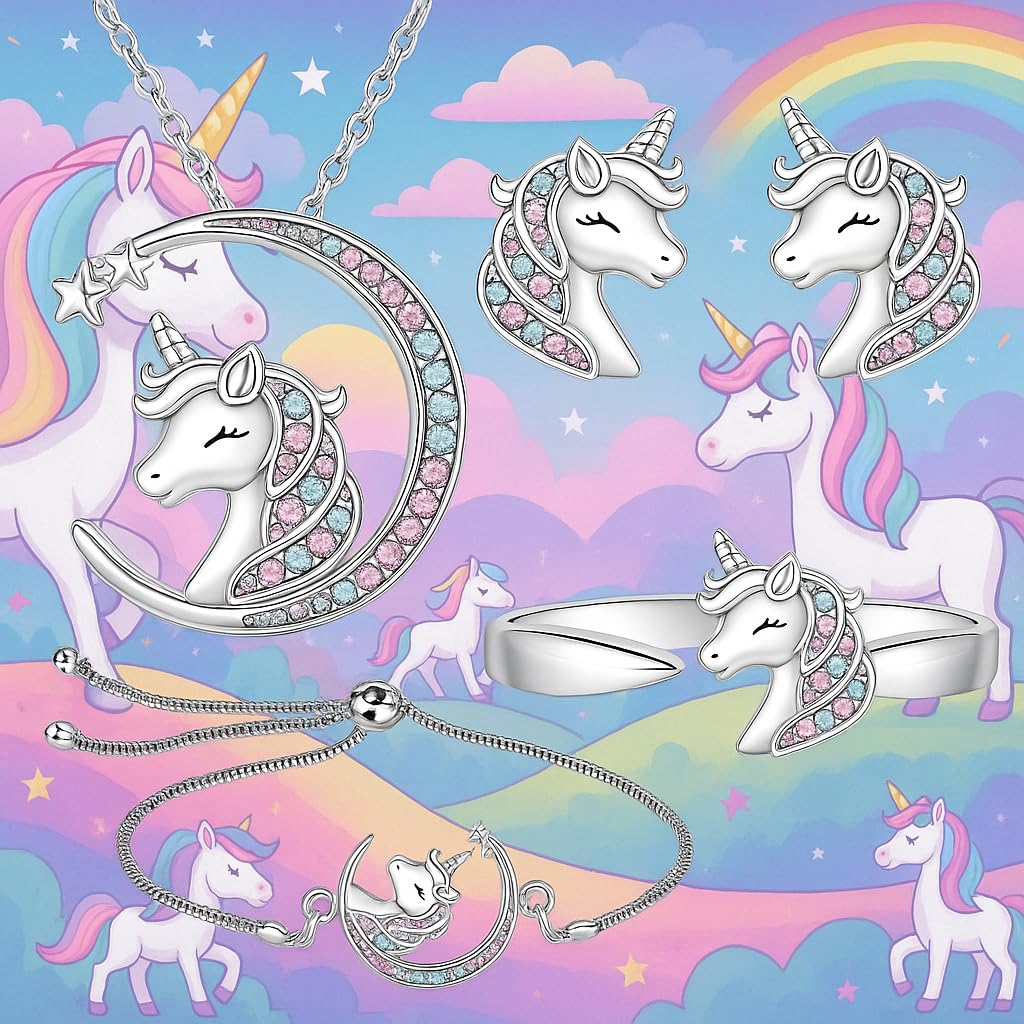 SUPAC Unicorn Crystal Jewelry Set, Moon Necklace, Earrings, Ring and Bracelet, Silver - Unicorn Jewerly Gift