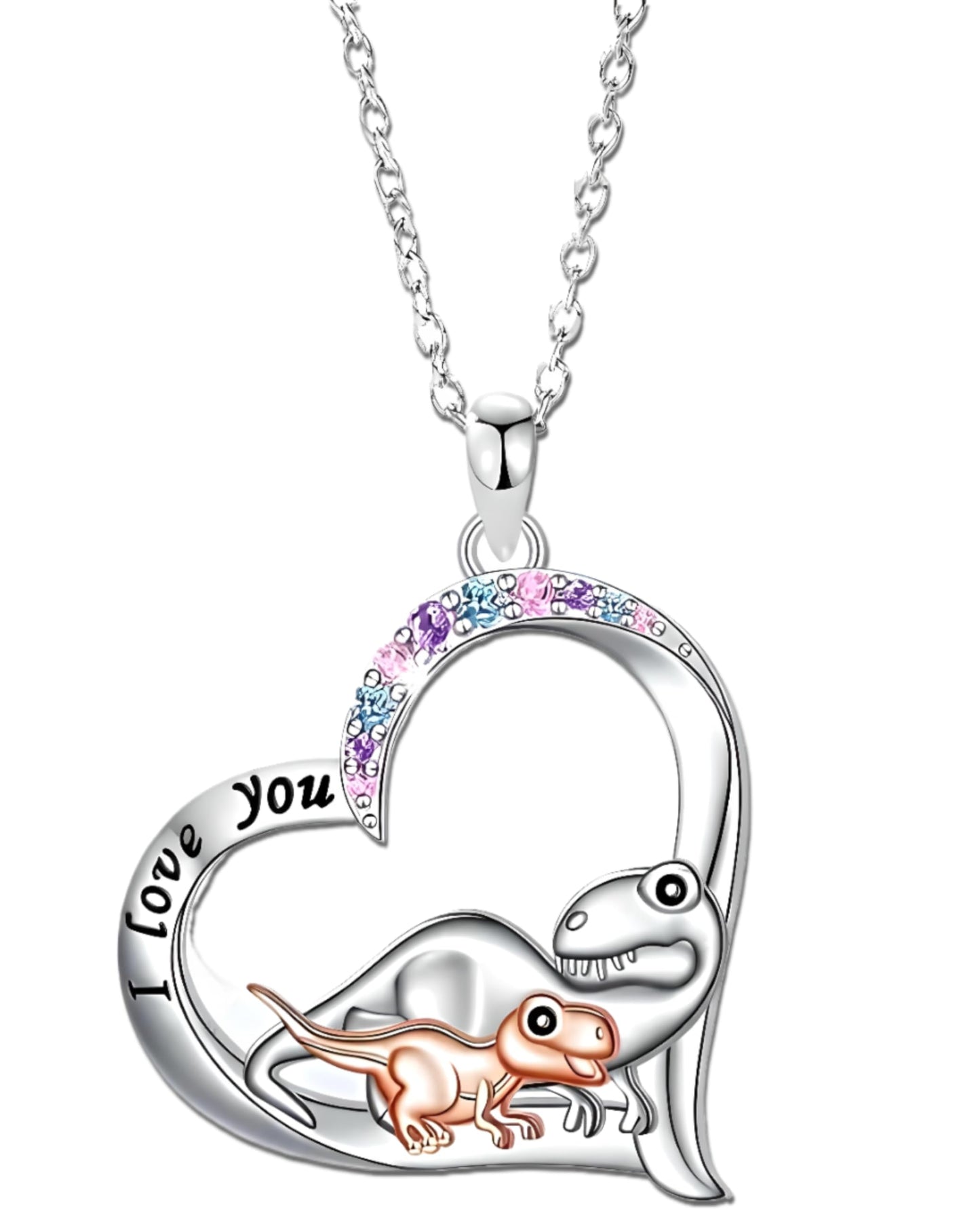 SUPAC Cute Cartoon Dinosaur Heart Pendant Necklace with Rhinestone Accents I Love You, Fashion Jewelry for Daily and Party Wear, Birthday and Christmas Gift