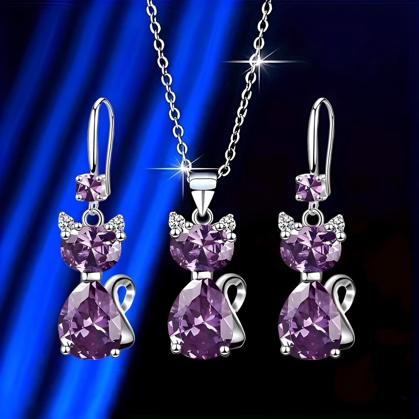 SUPAC Pink and Purple Cat Jewelry Set, Rose Gold Plated Crystal Necklace Earrings Ring, Gift for Cat Enthusiasts (Purple 3PCS)