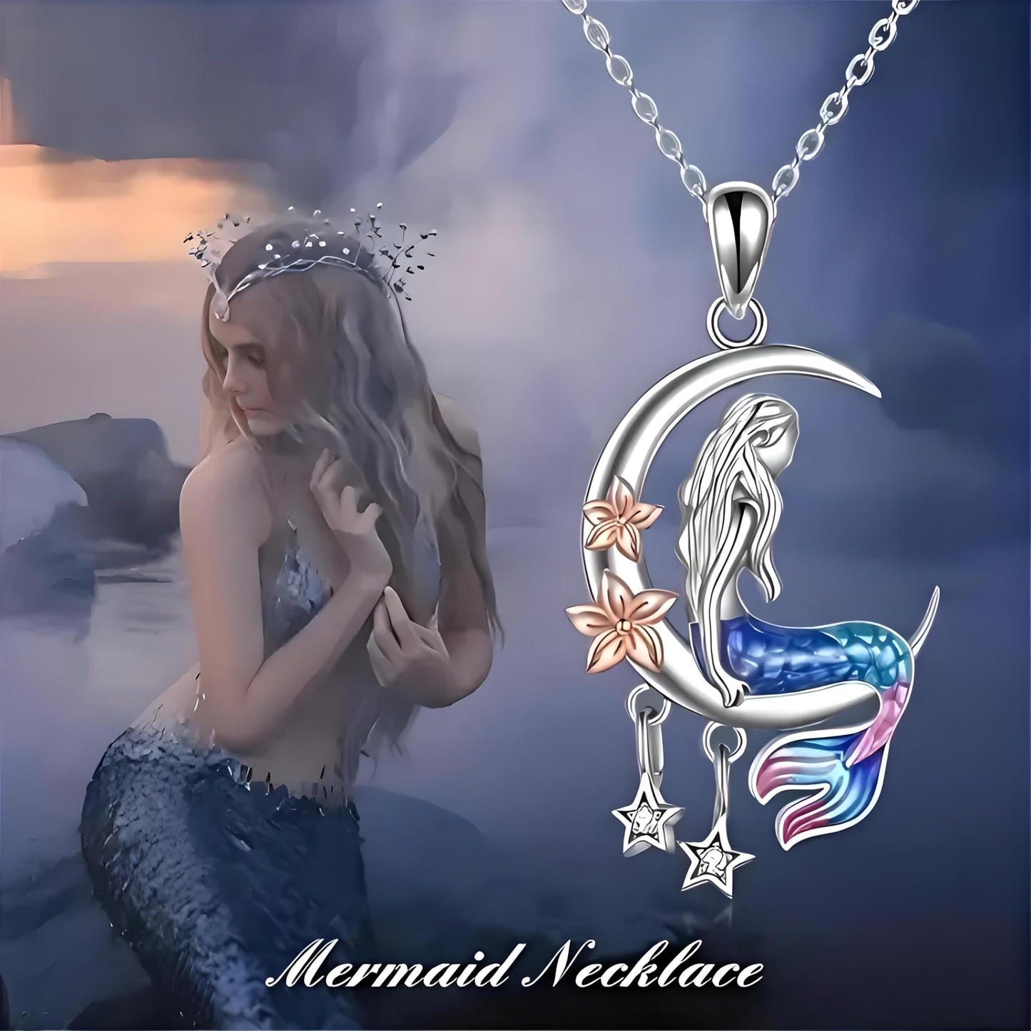 Mermaid Moon Jewelry Set, Stainless Steel, 4-Piece with Necklace, Bracelet, Earrings and Ring, Blue and Pink - Mermaid Gift
