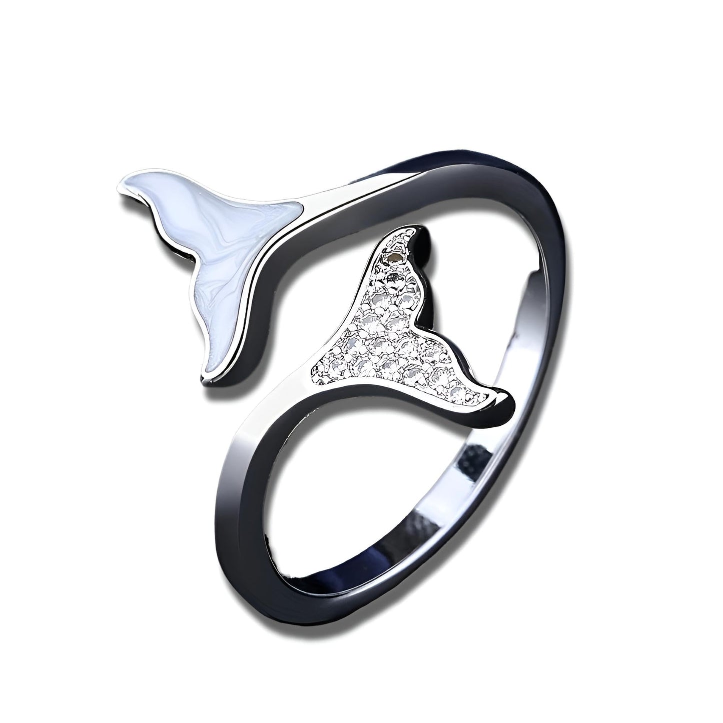 Sterling Silver Whale Tail Ring with Crystal Accents, Adjustable Open Design - Gift for Whale Lovers