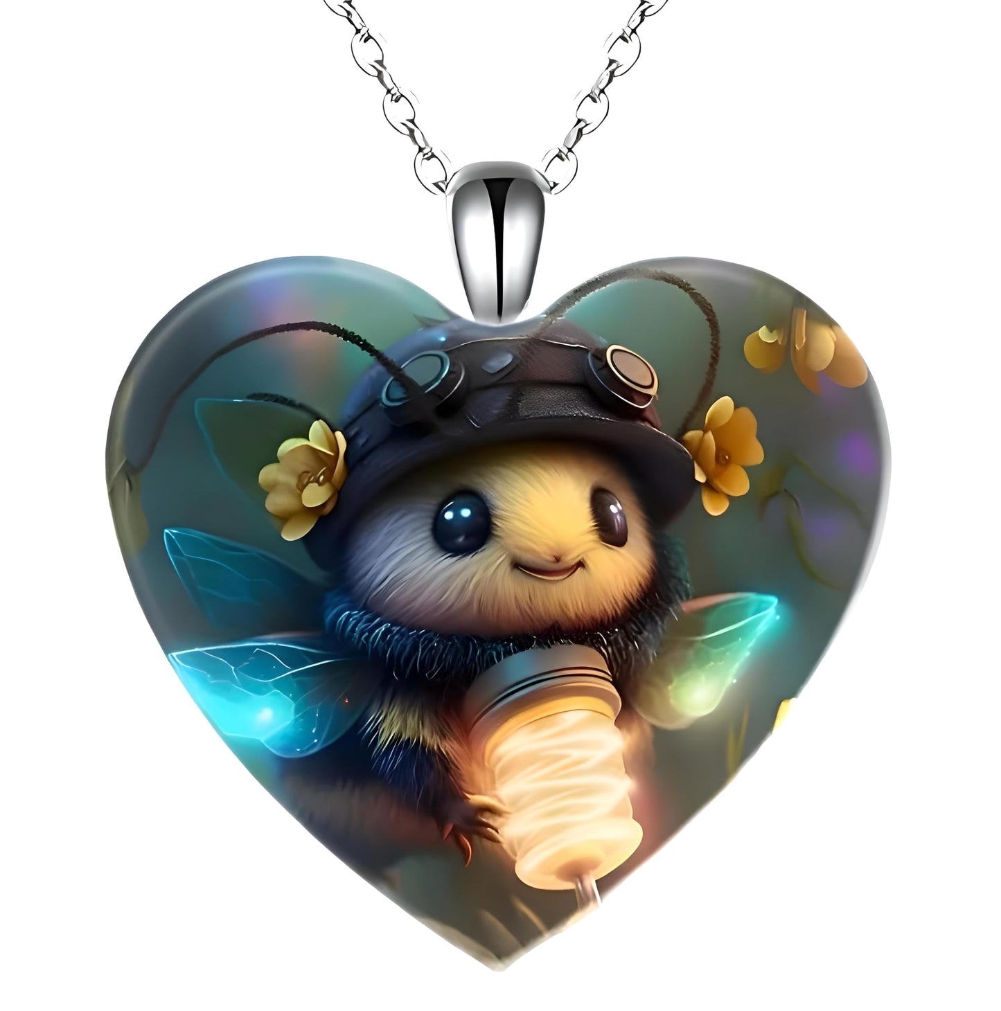 Heart-Shaped Pendant Necklace with Different Animals - Panda, Horse, Deer, Cat, Elephant, Dog Scenic Views, Stainless Steel Necklace with Glass Pendant - Christmas, Holiday, or Birthday Gift