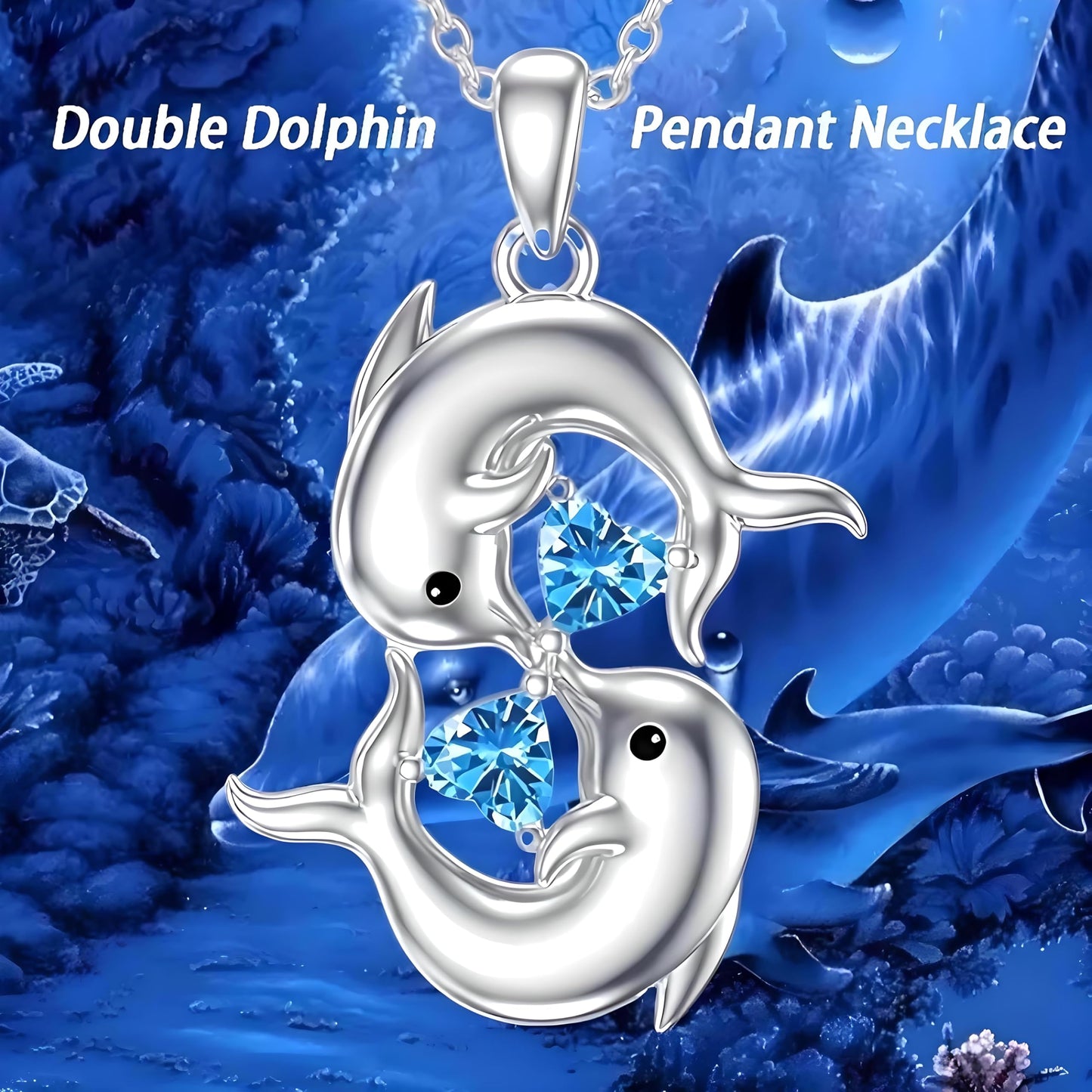 Sterling Silver Double Dolphin Pendant Necklace with Blue Crystal Hearts, Ocean Theme Jewelry