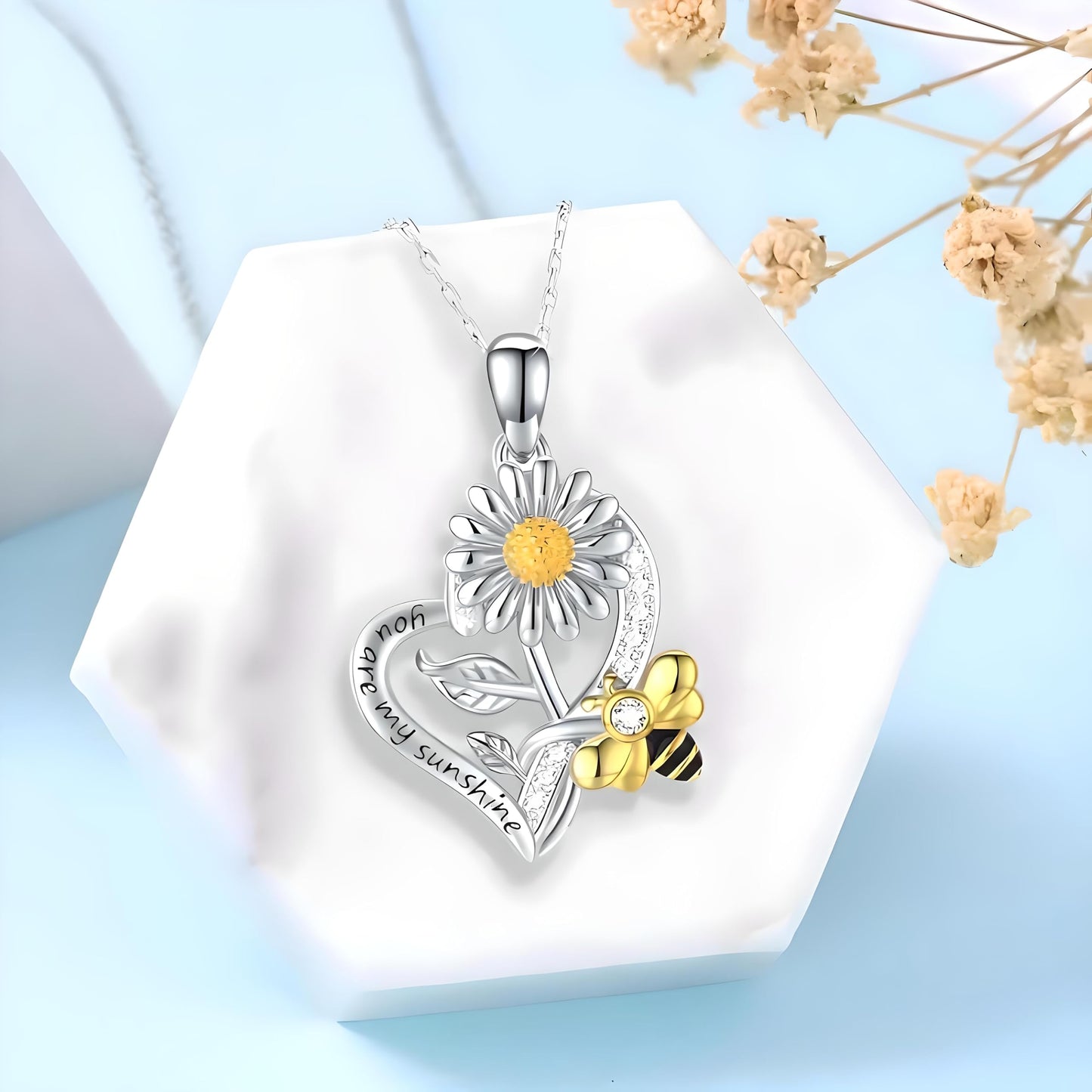 SUPAC You Are My Sunshine Sunflower and Bumble Bee Heart Pendant Necklace for Women, Dainty Jewelry, Birthday or Christmas Gift