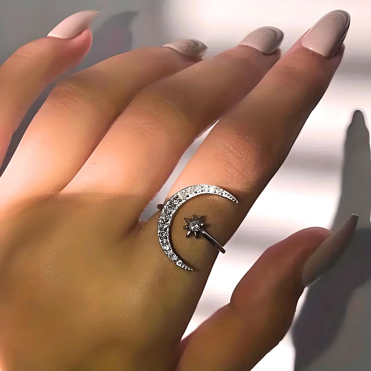 1pc Chic Moon & Sun Cuff Ring - Shimmering Rhinestone Crescent Design - Delicate Daily Wear & Party Accessory for Fashion-Forward Style - Christmas, Birthday Gift