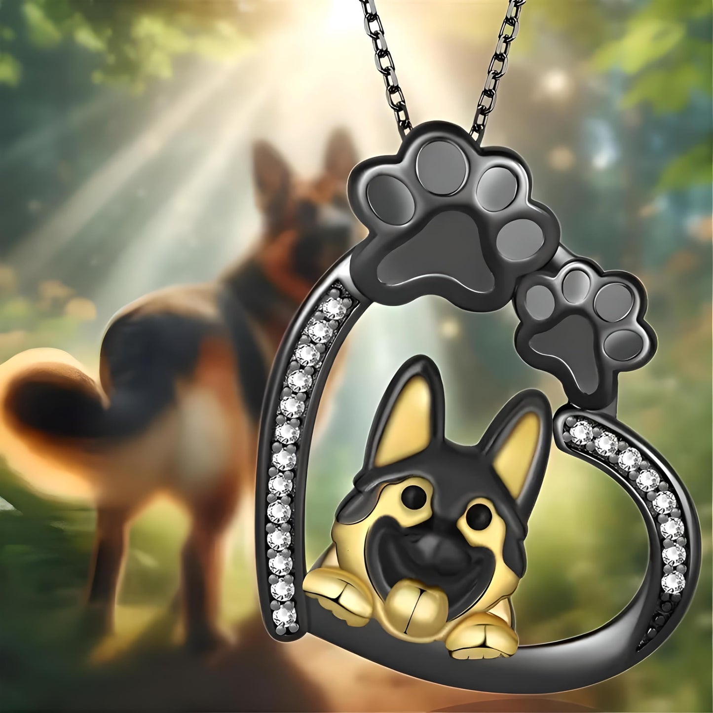 SUPAC Dog Breeds Necklace, German Shepherd, Labrador Retriever, Heart Pendant Necklace, Black and Gold, Crystal Paw Print Design, Dog Lovers Gift
