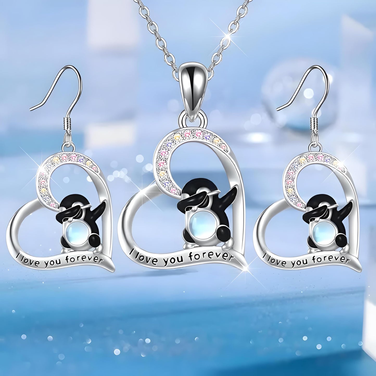 Dabbing Penguins Heart Jewelry Set, I Love You Forever Necklace and Earrings, Crystal Rhinestone Silver Pendant, 17.55 inch Chain