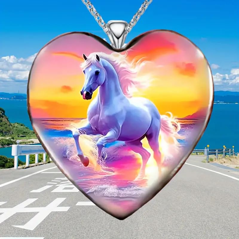 Sunset Beach Horse Running Through The Ocean Heart Pendant Necklace, Multicolor with Stainless Steel Chain - Christmas, Holiday, or Birthday Gift