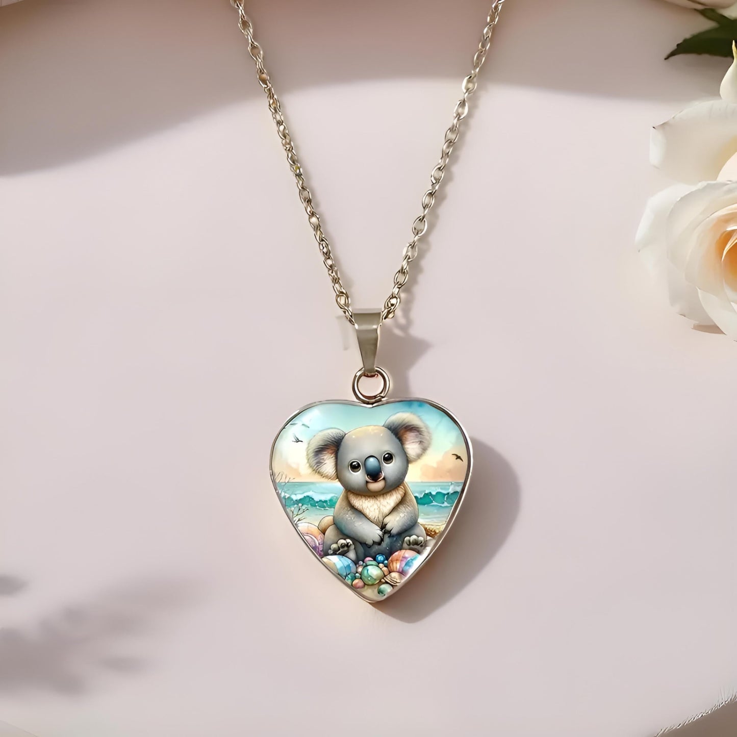 SUPAC Heart-Shaped Koala Beach Scene Pendant Necklace, Silver Chain, 0.79 inch Width