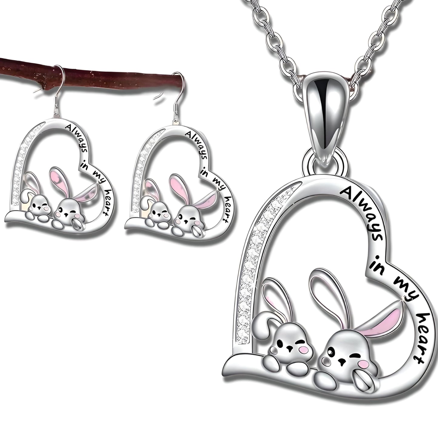 SUPAC Pair of Bunnies & Heart Pendant Necklace Always in My Heart - White Golden Plated Alloy with Resin Accents, Birthday or Friendship Gift, 2+ Options