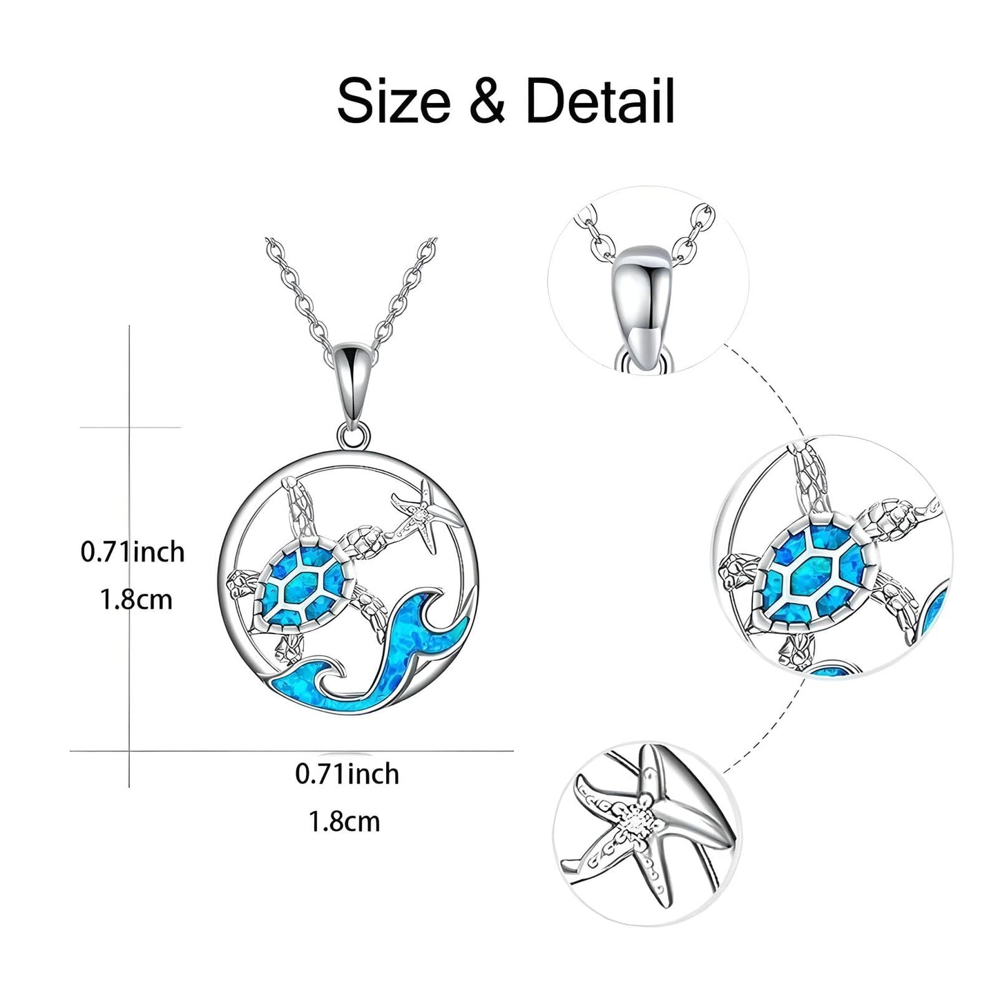 SUPAC Sea Turtle Necklace with Blue Opal, Ocean Wave Design, 0.71 inch Pendant