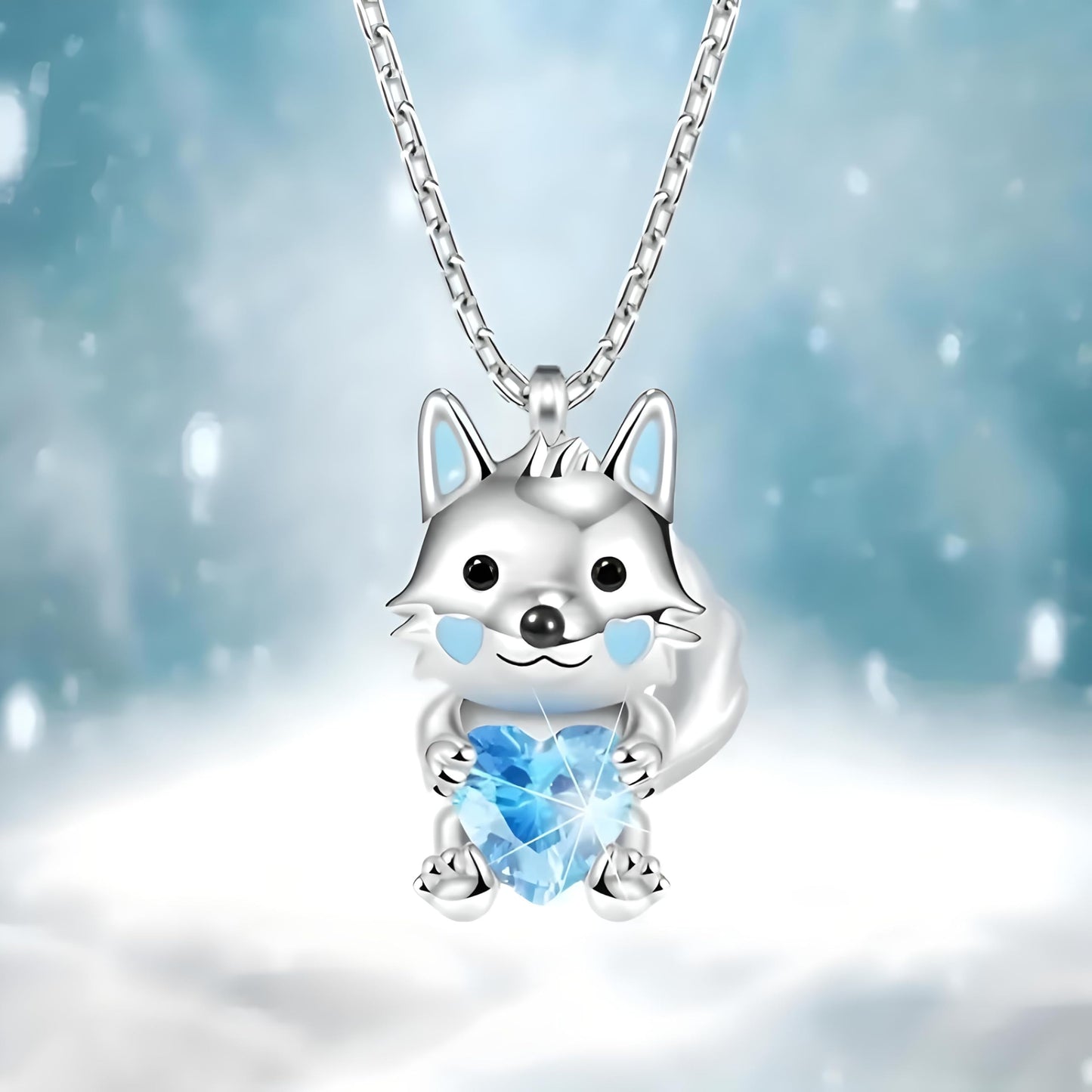 Wolf Jewelry Set with Blue Crystal Heart, Sterling Silver Necklace, Bracelet, Earrings and Keychain, 4-Piece Set