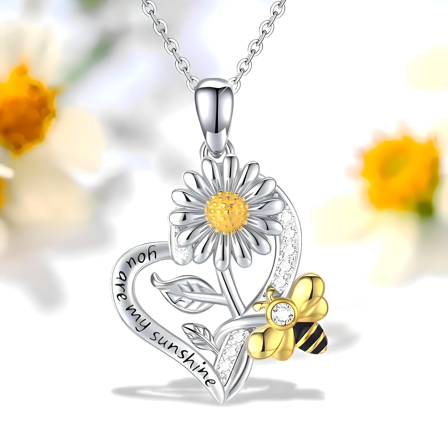 SUPAC You Are My Sunshine Sunflower and Bumble Bee Heart Pendant Necklace for Women, Dainty Jewelry, Birthday or Christmas Gift