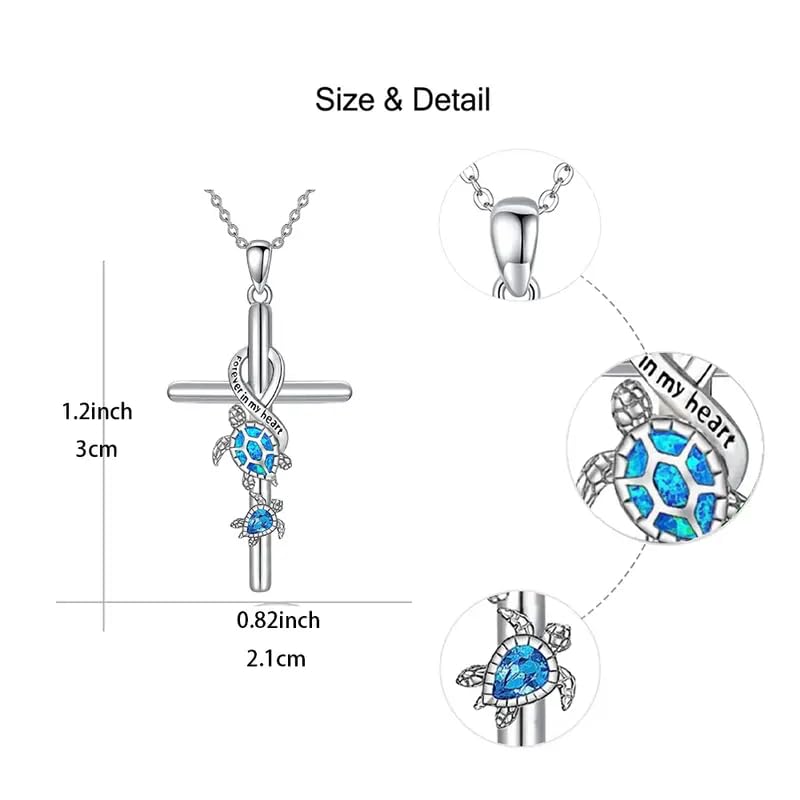 Torquise Sea Turtles Cross Pendant Necklace, Gift for Special Occasions, Stainless Silver- "Forever in my heart"