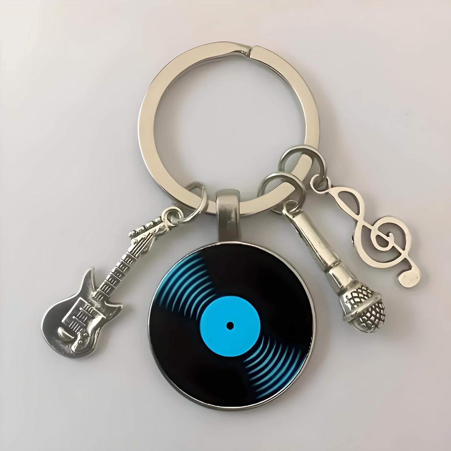 SUPAC Music Lover Keychain with Vinyl Record, Guitar, Microphone and Musical Note Charms, Music Gifts, 5 Different Color Options (Blue Vinyl)