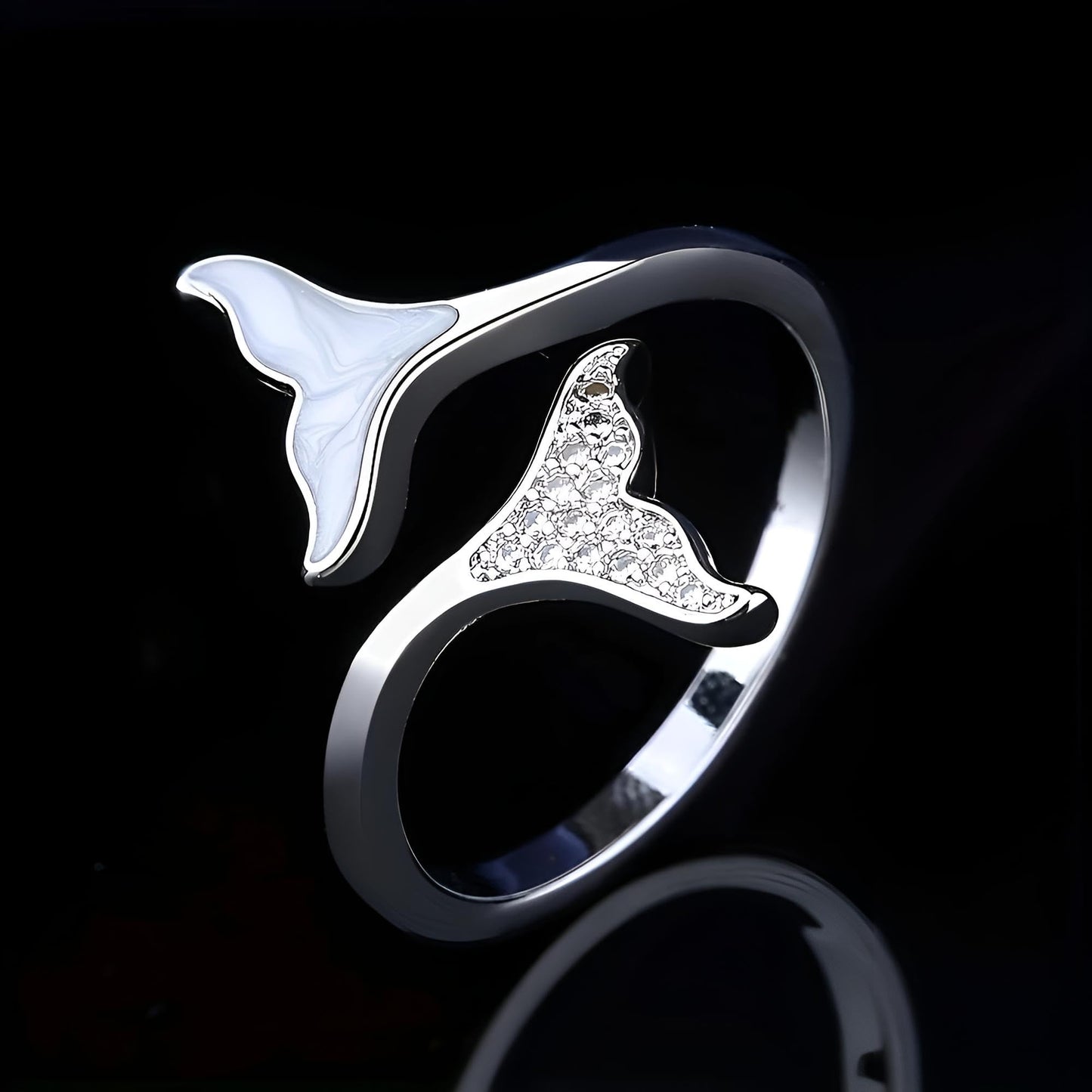 Sterling Silver Whale Tail Ring with Crystal Accents, Adjustable Open Design - Gift for Whale Lovers