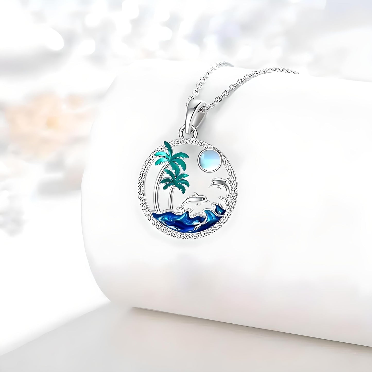 Tropical Beach Scene Pendant Necklace, Silver Chain with Dolphins and Palm Trees, Blue Ocean Wave Design, 17.7 + 2 Inch