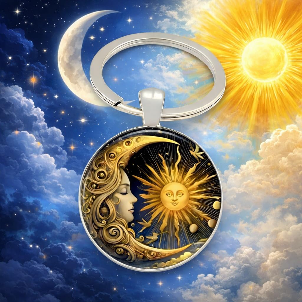 Celestial Sun and Moon Keychain, Art Nouveau Style Metal Key Ring with Mythological Design, 1.18 x 1.09 Inch Round Pendant